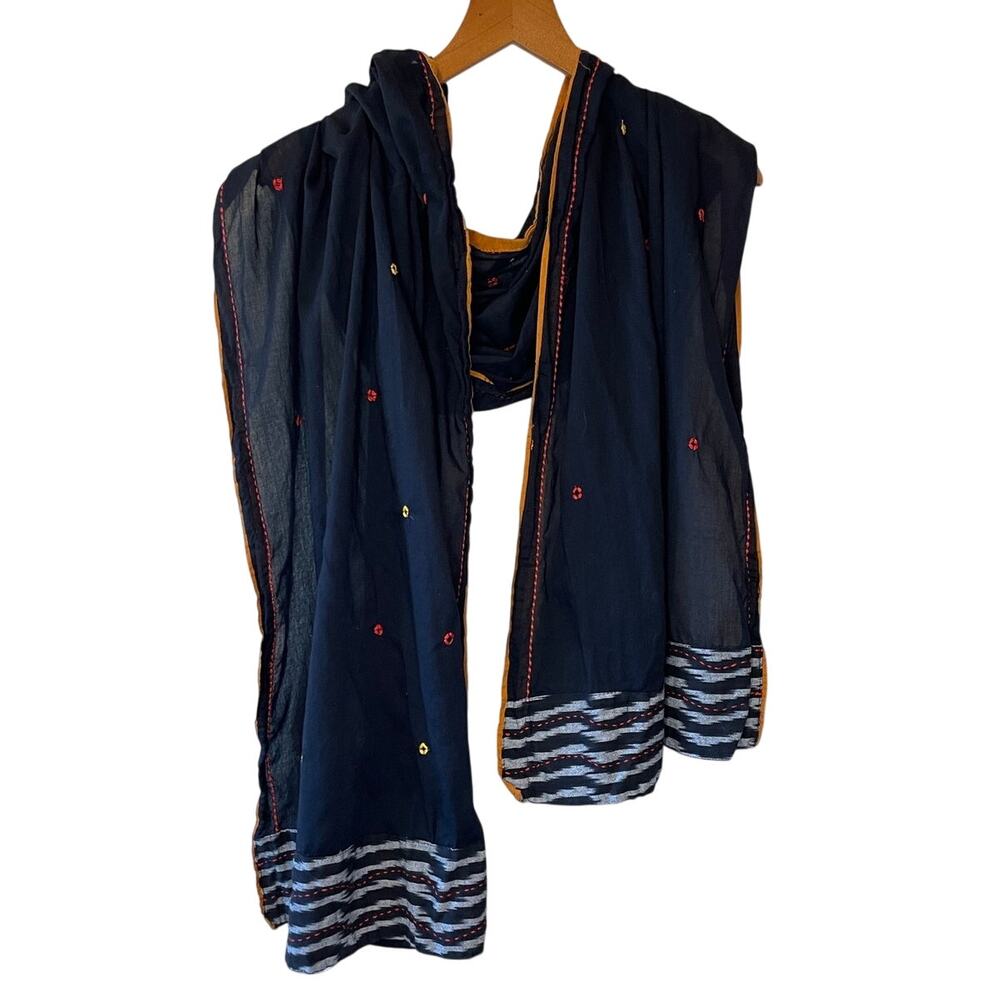 Boho Cottage Core Deep Black W/ Orange Detail Light Weight Shawl Scarf